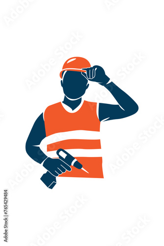Worker is posing holding a drill design illustration