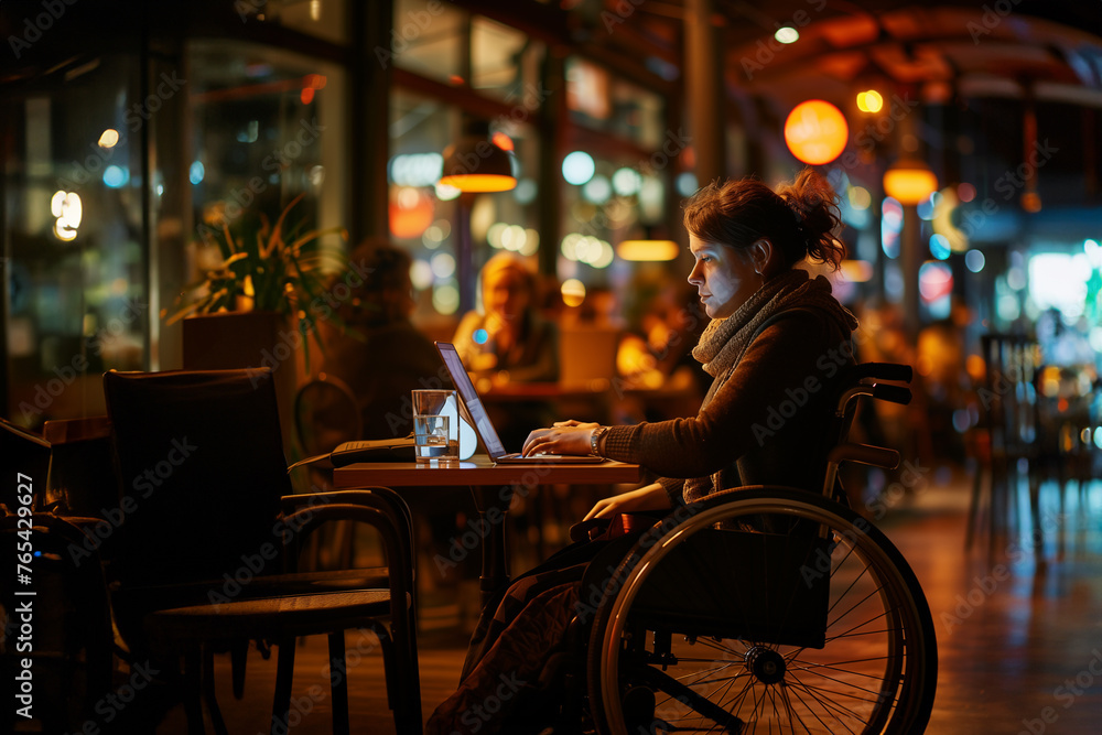 Freelance programmer woman sitting in wheelchair and using laptop at cafe, night scene.