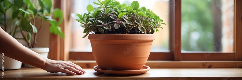 Popular Potted plants in a terracotta pot On the window sill of the house window, balcony,  succulent, begonia, blooming, ficus