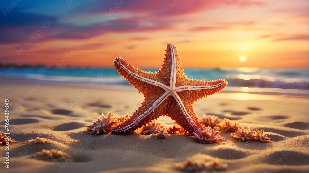 Artistic Image{Sea starfish} A stylized depiction of a sea starfish resting on a sandy beach, bathed in the golden light of a summer sunset. The art style should emphasize the dreamlike and surreal Artistic Image{Sea starfish} A stylized depiction of a sea starfish resting on a sandy beach, bathed in the golden light of a summer sunset. The art style should emphasize the dreamlike and surreal