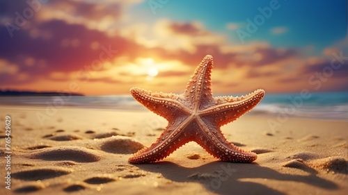 Artistic Image Sea starfish  A stylized depiction of a sea starfish resting on a sandy beach, bathed in the golden light of a summer sunset. The art style should emphasize the dreamlike and surreal qu © Waqasiii_Arts 