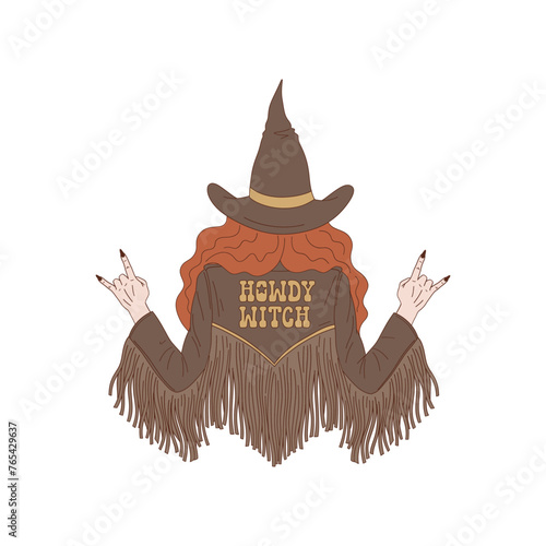 Groovy Western Halloween red hair cowgirl from the back in witch hat and leather jacket with fringe vector illustration isolated on white. Hand drawn retro October 31 holiday howdy wild west aesthetic