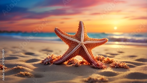 Artistic Image Sea starfish  A stylized depiction of a sea starfish resting on a sandy beach, bathed in the golden light of a summer sunset. The art style should emphasize the dreamlike and surreal  © Waqasiii_Arts 