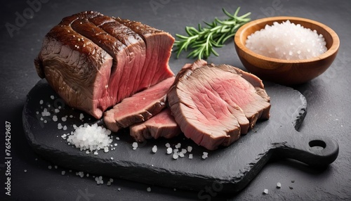 Roast beef with salt and pepper on stone board
