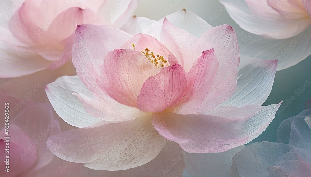 close up of pink lotus.a sophisticated abstract pink flower composition with layers of translucent petals against a muted pastel background, creating depth and dimension, suitable for upscale home dec - obrazy, fototapety, plakaty 