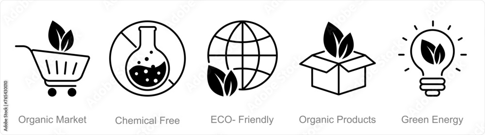 A set of 5 Organic Farming icons as organic market, chemical free, eco friendly