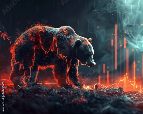 Bear market resilience, solitary bear facing a storm over a declining graph, endurance theme