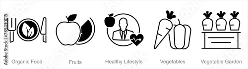 A set of 5 Organic Farming icons as organic food, fruits, healthy lifestyle