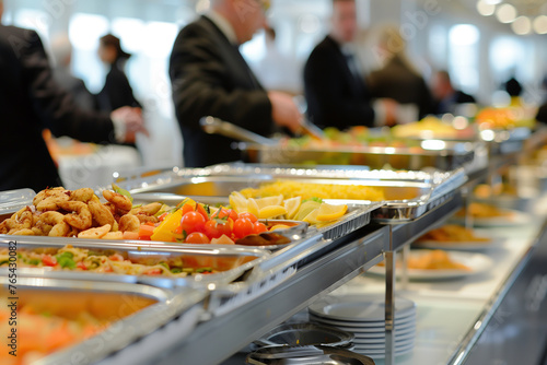 Close up shot of served buffet food with people in the background