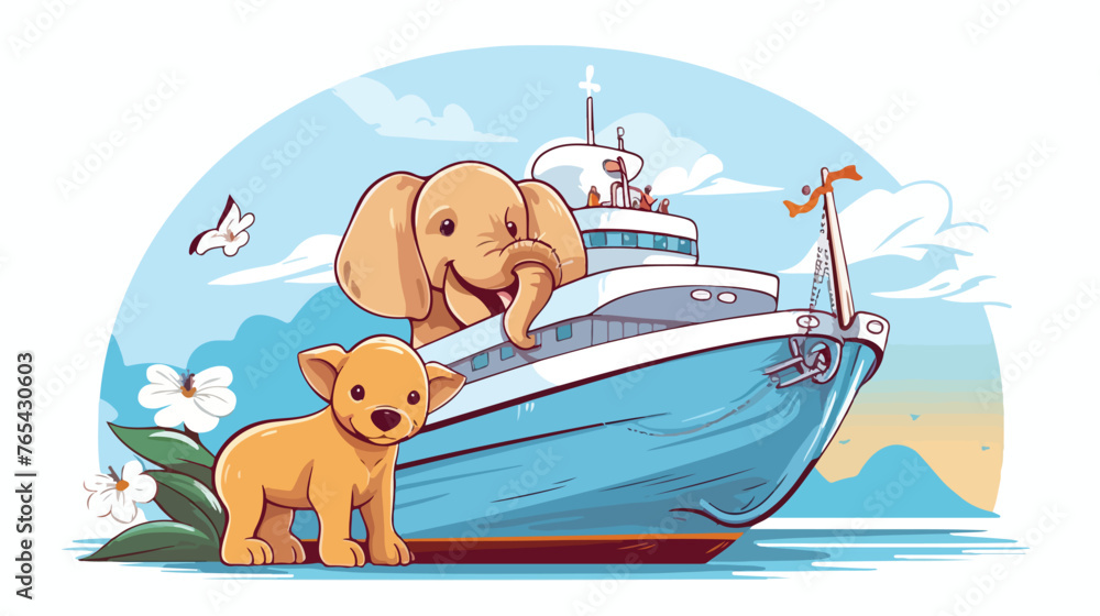 Dog and baby elephant on ship. Animals swim together