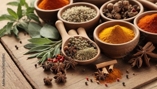 Spices and herbs on wooden board, close up