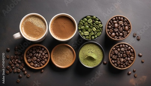 Various types coffee. Green raw coffee, ground coffee, roasted coffee beans