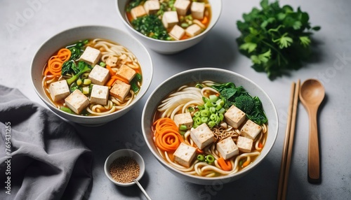 Vegan noodle soup with tofu food photography recipe idea