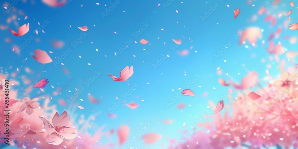 Fototapeta premium pink blossoms falling from the sky on blue sky background, pink cherry blossoms wallpaper banner, empty space background