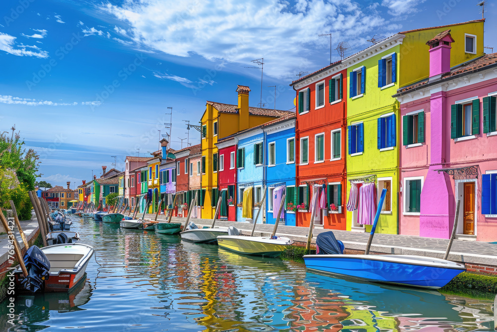 A colorful row of houses along the canal in Burano, Italy. The buildings have bright colors and are near boats docked at their sides. In front is blue sky with white clouds