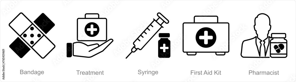 A set of 5 Pharmacy icons as bandage, treatment, syringe A set of 5 Pharmacy icons as bandage, treatment, syringe