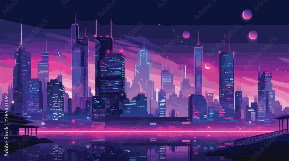 A futuristic cityscape with neon lights and holograph