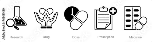 A set of 5 Pharmacy icons as research, drug, dose