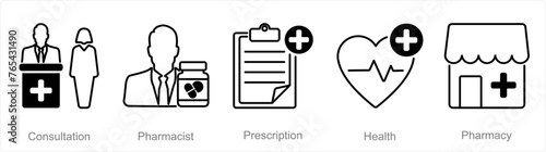 A set of 5 Pharmacy icons as consultation, pharmacist, prescription