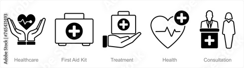 A set of 5 Pharmacy icons as health care, first aid kit, treatment