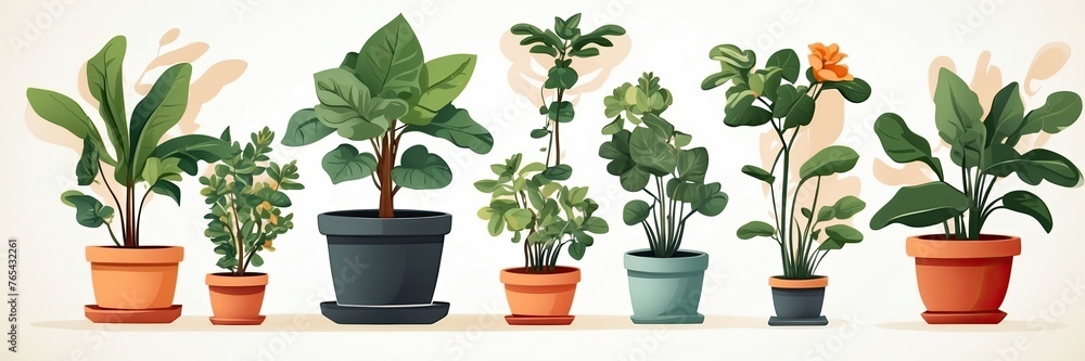 Popular Potted plants illustration on solid background, in pots - philodendron, ficus, alokasia