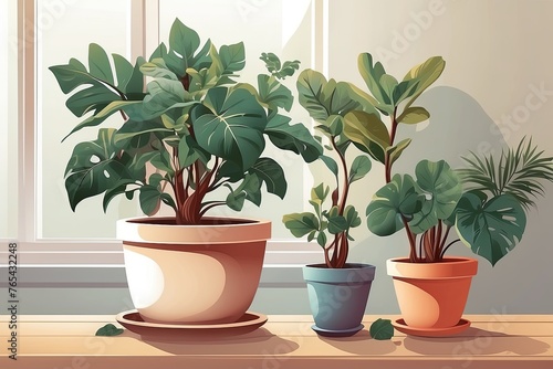 Popular Potted plants illustration on solid background, in pots - philodendron, ficus, alokasia © Ольга Симонова