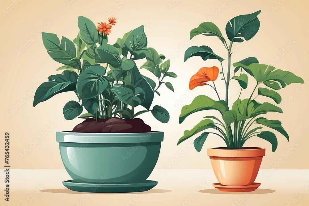 Fototapeta premium Popular Potted plants illustration on solid background, in pots - philodendron, ficus, alokasia