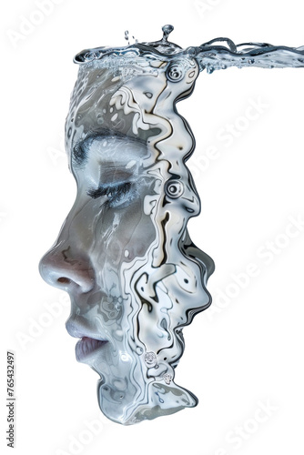 Profile skin girl face in the sea water double exposure effect. Woman face made of water reflections
