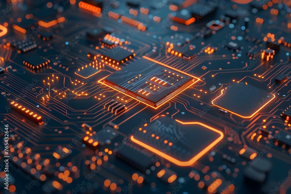 3D rendering of a circuit board representing modern computer technology and machine learning. Concept 3D Rendering, Circuit Board, Computer Technology, Machine Learning 3D rendering of a circuit board representing modern computer technology and machine learning. Concept 3D Rendering, Circuit Board, Computer Technology, Machine Learning