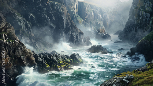This tranquil image showcases serene coastal cliffs illuminated by a gentle, ethereal light amidst turbulent waters