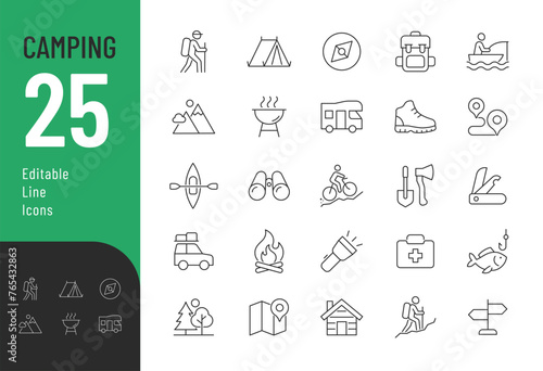 Camping Line Editable Icons set. Vector illustration in modern thin line style of outdoor activities related icons: hiking, fishing, mountain biking, and more. Pictograms and infographics for mobile. photo