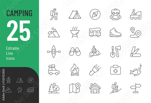 Camping Line Editable Icons set. Vector illustration in modern thin line style of outdoor activities related icons: hiking, fishing, mountain biking, and more. Pictograms and infographics for mobile.