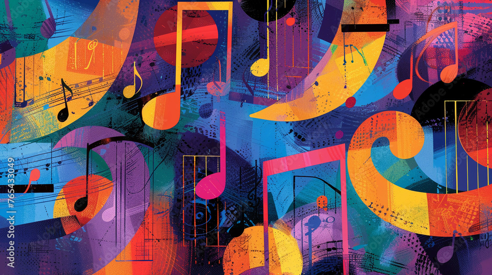 An illustration captures the essence of music with vibrant notation symbols. - obrazy, fototapety, plakaty 