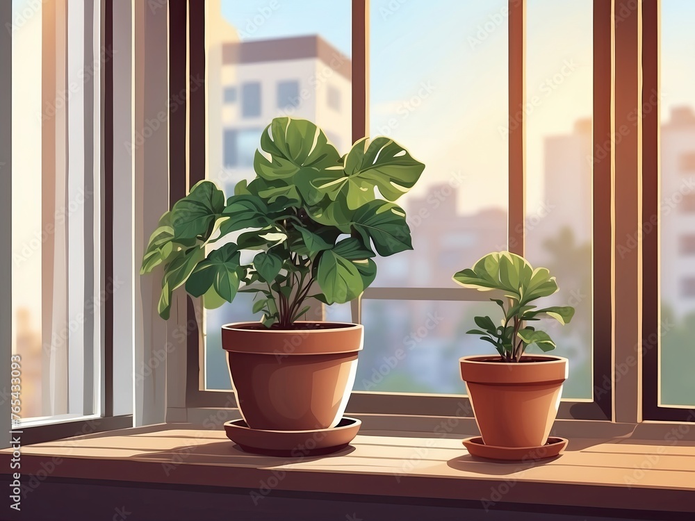 Popular Potted plants illustration On the window sill of the house window, in pots - philodendron, ficus, Monstera. 