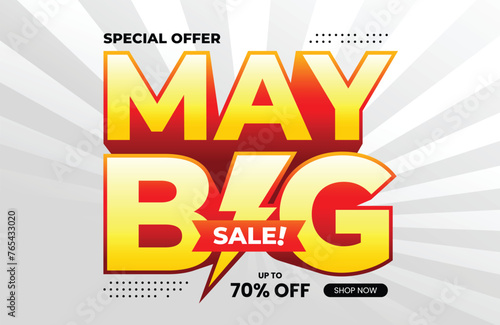 May Big Sale text with extrude effect and lightning icon. For banner, poster, header, logo, template, social media, website. Vector Illustration