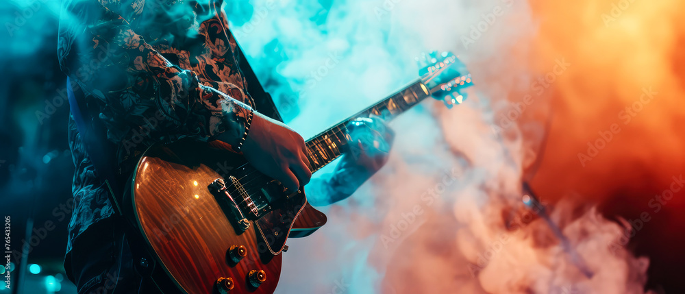 Close up of male hands playing on electric guitar on concert stage. Musician performance. Rock, metal, grunge style.  Blurred background. Banner, flyer illustration. Generative ai - obrazy, fototapety, plakaty 