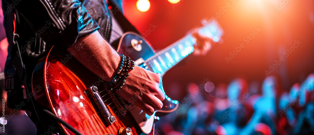 Obraz premium Close up of male hands playing on electric guitar on concert stage. Musician performance. Rock, metal, grunge style. Blurred background. Banner, flyer illustration. Generative ai