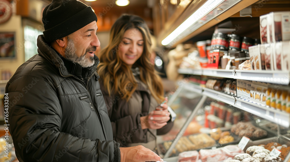Individuals, couples, and families frequenting markets, inspecting products, or talking with staff.