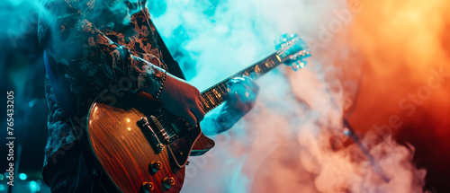 Close up of male hands playing on electric guitar on concert stage. Musician performance. Rock, metal, grunge style.  Blurred background. Banner, flyer illustration. Generative ai