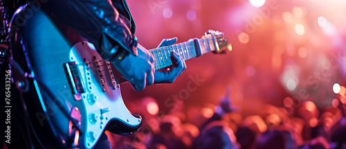 Close up of male hands playing on electric guitar on concert stage. Musician performance. Rock, metal, grunge style. Blurred background. Banner, flyer illustration. Generative ai