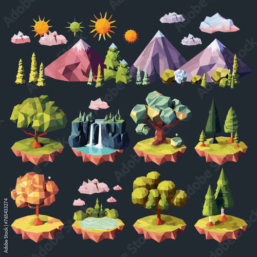 Polygonal landscape constructor icons set. Trees, mountains, hills, waterfall, river, lake, clouds and sun. Low poly vector graphic