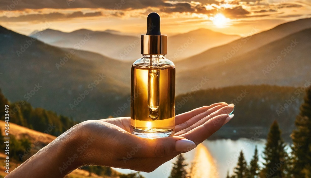 Naklejka premium Golden Hour Glamour: Cosmetic Product Serum Mockup on Sunlit Brown Background