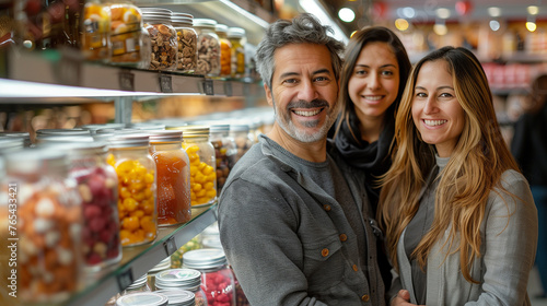 Individuals, couples, and families frequenting markets, inspecting products, or talking with staff.
