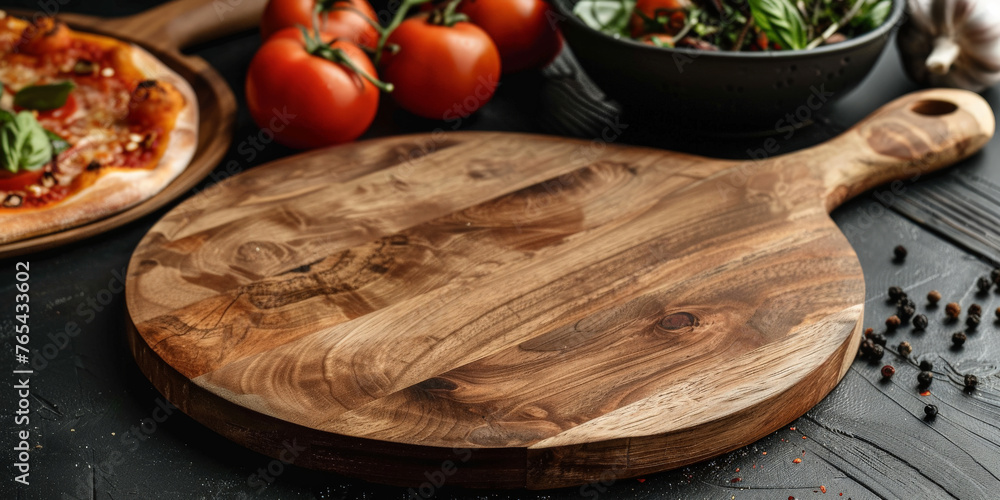 a round wooden pizza board with handle, Chopping board. Empty round wooden cutting board on dark background, top view, flat lay - obrazy, fototapety, plakaty 