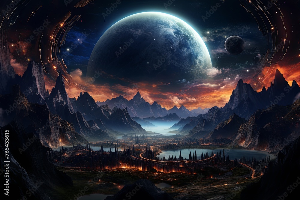 A painting of a natural landscape with mountains and a large planet in the sky A painting of a natural landscape with mountains and a large planet in the sky
