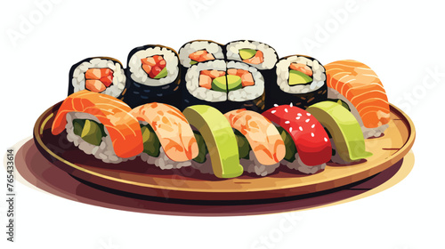 A colorful sushi platter with an assortment 