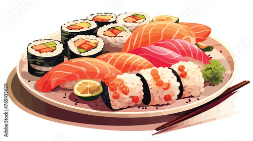 A colorful sushi platter with an assortment 