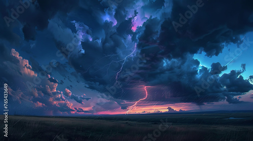 A vivid lightning storm rolls over a prairie, casting electric pink and purple hues across the verdant plains