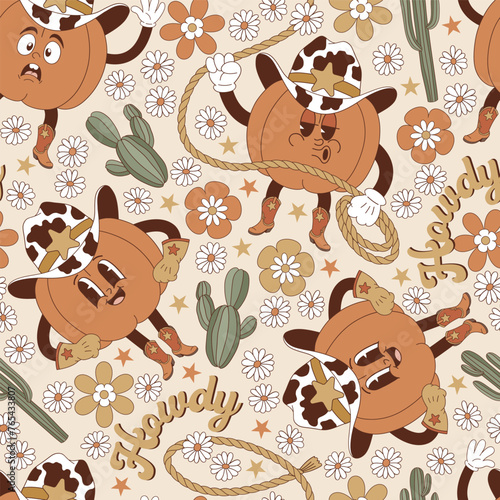 Groovy western Halloween cute catroon character cowboy pumpkin among flowers and cactus vector seamless pattern. Hand drawn retro October 31 holiday howdy wild west aesthetic floral background. photo