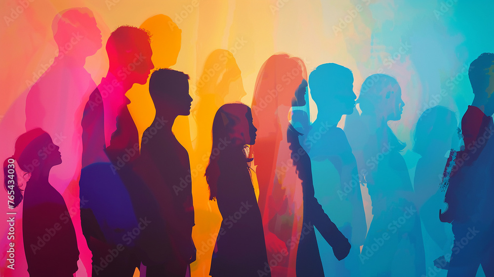 Silhouettes of people in different generations form a vibrant tableau. Silhouettes of people in different generations form a vibrant tableau.
